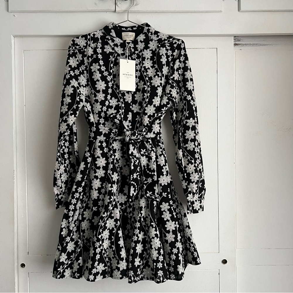 Sezane Sol Dress - Ecru Embroidery/Black